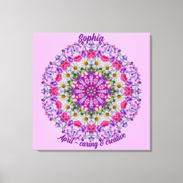 April Birth Flower Personalised Daisy Mandala Art Canvas Print (Front)