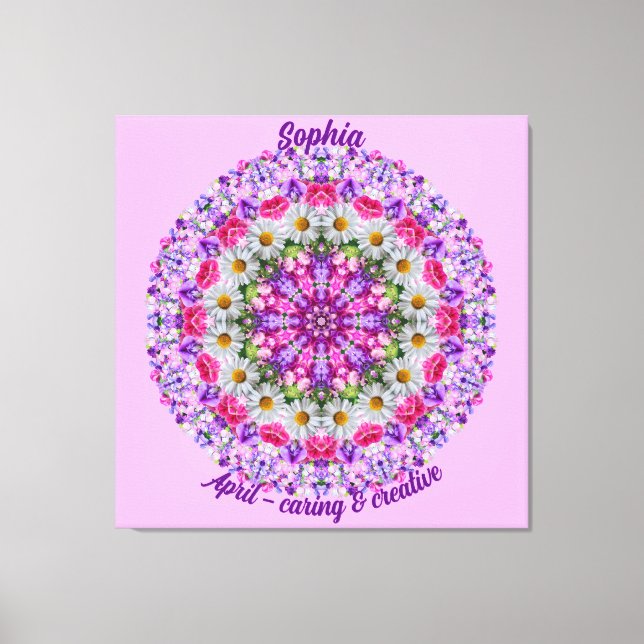 April Birth Flower Personalised Daisy Mandala Art Canvas Print (Front)