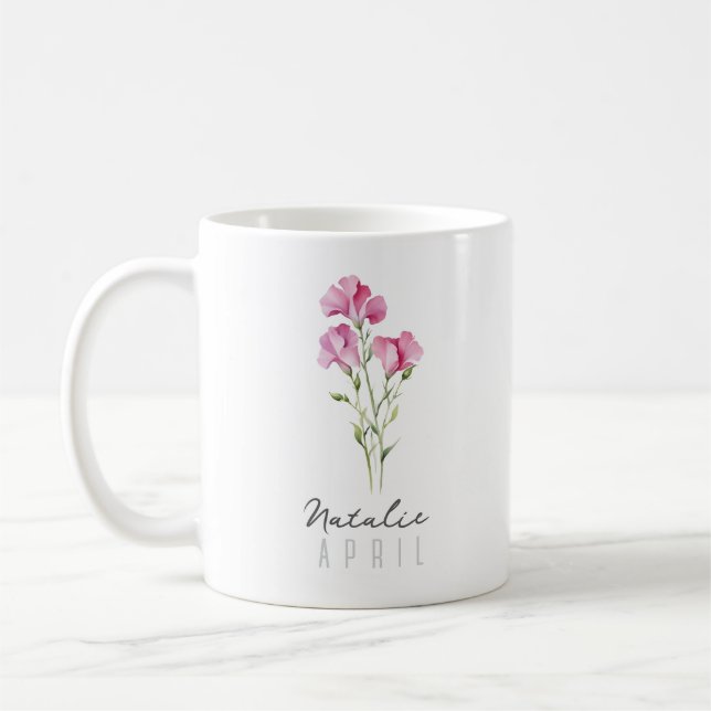 April Birth Month Flower w/Name – Sweet Pea Coffee Mug (Left)