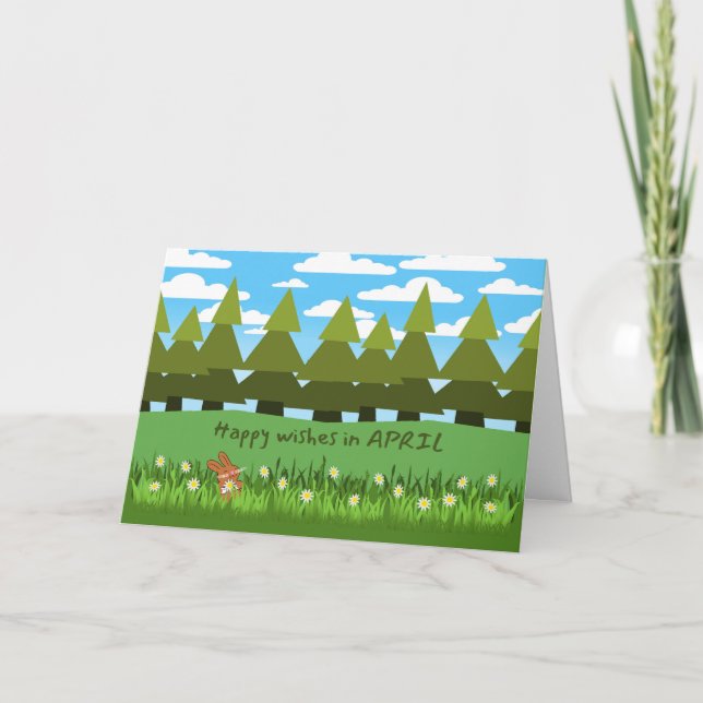 April Birthday Cute Bunny with Daisies Card (Front)