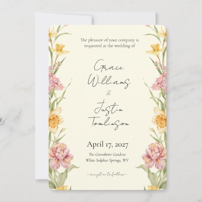 April Blossom Garden Daffodil Wedding Invitation (Front)