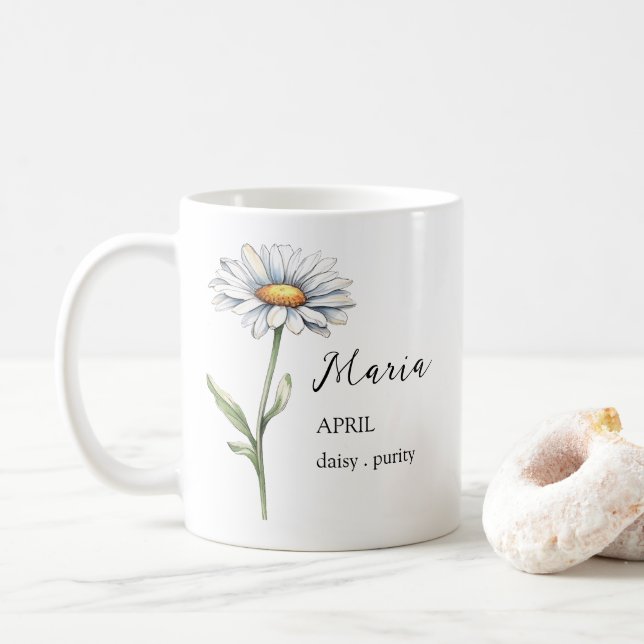 APRIL DAISY BIRTH FLOWER MONTH NAME GIFT COFFEE MUG (With Donut)