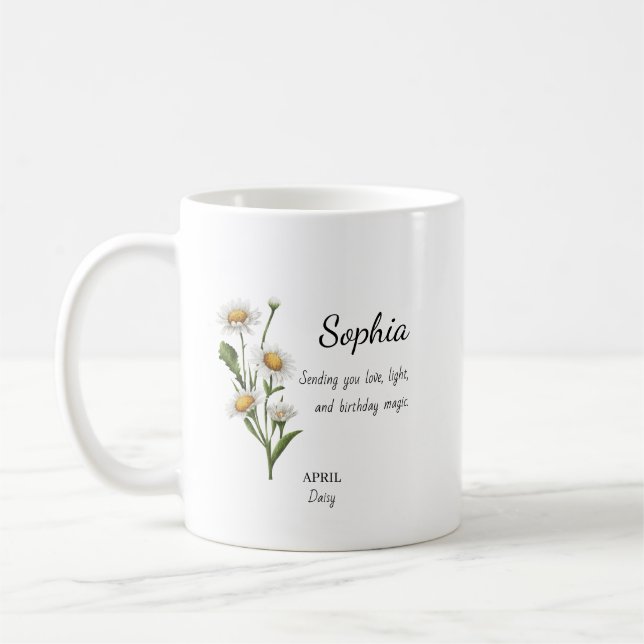 April Daisy Personalized Birthday Coffee Mug (Left)