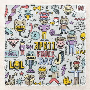 April Fools: Colorful Doodle Set. Glass Coaster