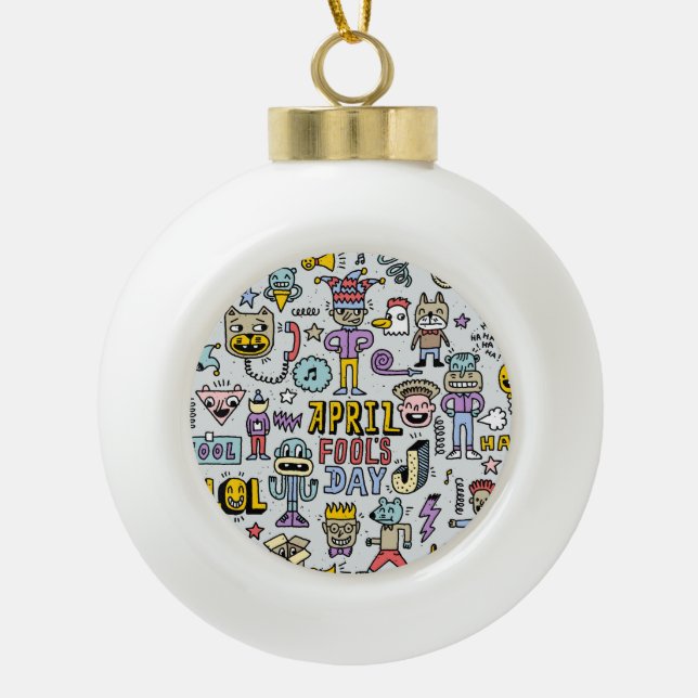 April Fools: Colourful Doodle Set. Ceramic Ball Christmas Ornament (Front)