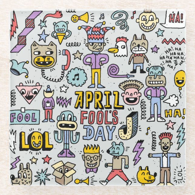 April Fools: Colourful Doodle Set. Glass Coaster (Front)