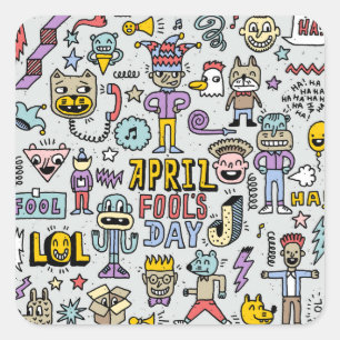 April Fools: Colourful Doodle Set. Square Sticker