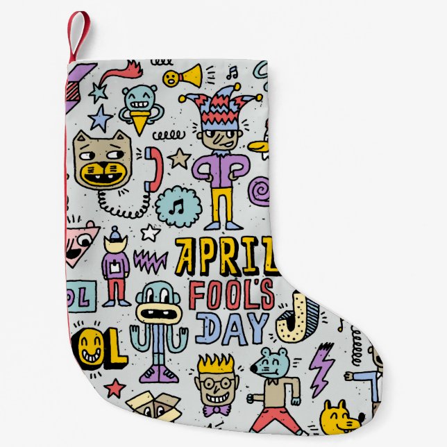 April fools day funny doodle colourful set 1. Vint Small Christmas Stocking (Front)