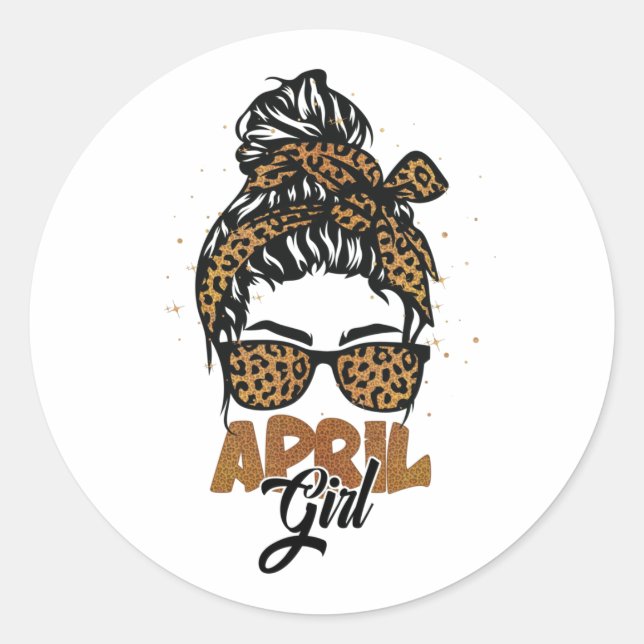 April Girl Messy Hair Sunglasses Leopard Lady Classic Round Sticker (Front)