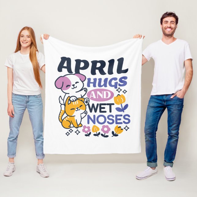 April Hugs and Wet Noses – Cute Dog and Cat Art Fleece Blanket (In Situ)