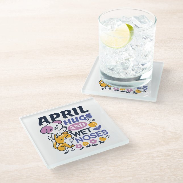 April Hugs and Wet Noses – Cute Dog and Cat Art Glass Coaster (Angled)