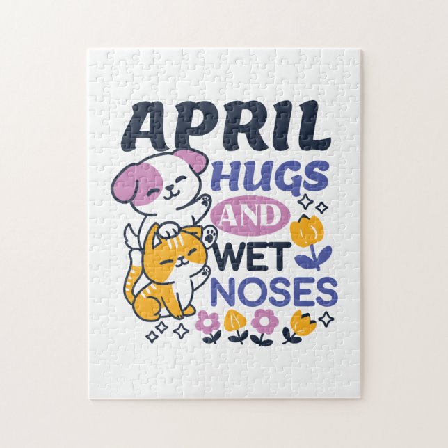 April Hugs and Wet Noses – Cute Dog and Cat Art Jigsaw Puzzle (Vertical)