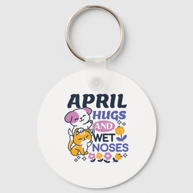 April Hugs and Wet Noses – Cute Dog and Cat Art Key Ring (Front)