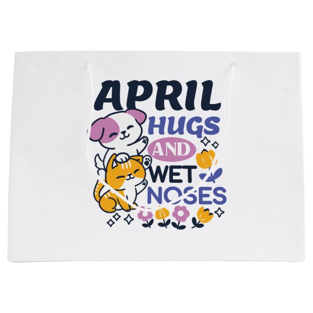 April Hugs and Wet Noses – Cute Dog and Cat Art Large Gift Bag (Front)