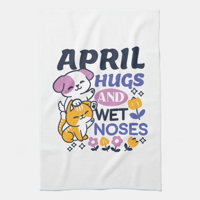 April Hugs and Wet Noses – Cute Dog and Cat Art Tea Towel (Vertical)