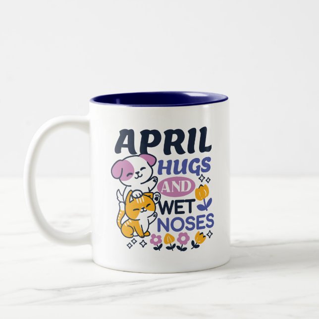 April Hugs and Wet Noses – Cute Dog and Cat Art Two-Tone Coffee Mug (Left)