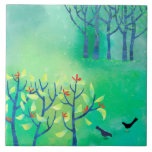 April Modern Green Landscape Nature Painting Tile<br><div class="desc">Painting of two blackbirds in a green field in spring. A hedgerow is coming into leaf and scattered with blossom,  and in the background are some trees at the edge of the forest.</div>