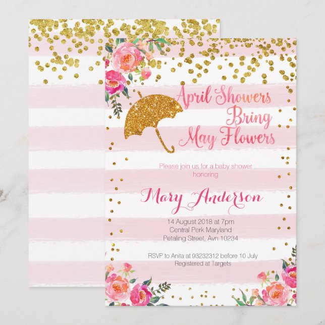 April Showers Baby Shower Invitation Gold Pink (Front/Back)