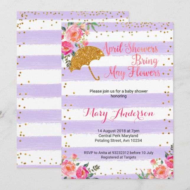 April Showers Baby Shower Invitation Lilac Purple (Front/Back)