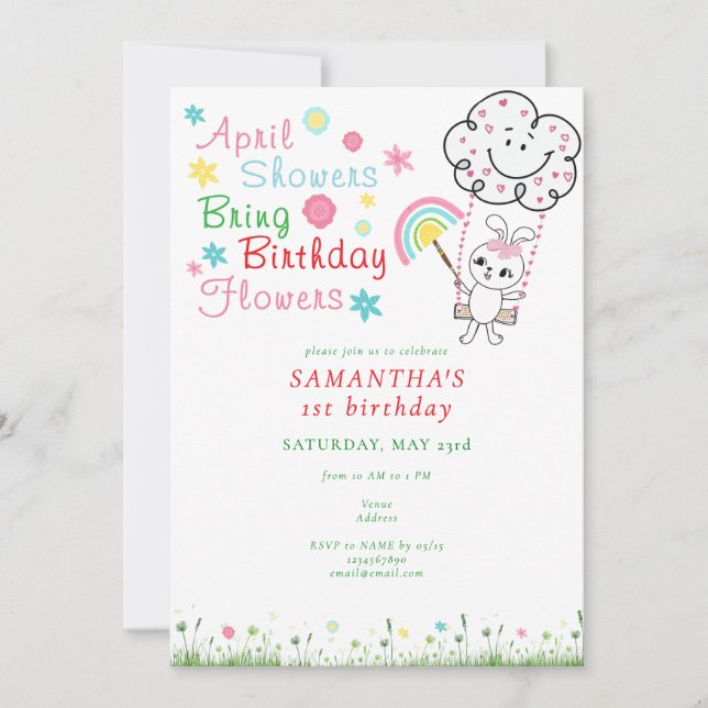 April Showers Bring Birthday Flowers Girl Birthday Invitation (Front)