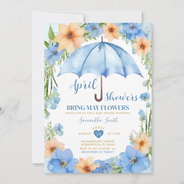 April Showers Bring May Flowers Blue Umbrella Invitation (Front)