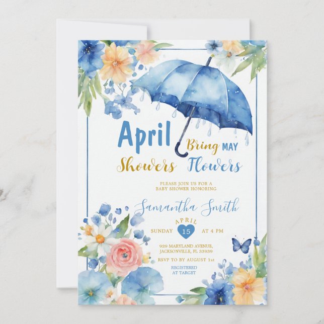 April Showers Bring May Flowers Blue Umbrella Invitation (Front)