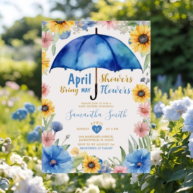 April Showers Bring May Flowers Blue Umbrella Invitation (Creator Uploaded)