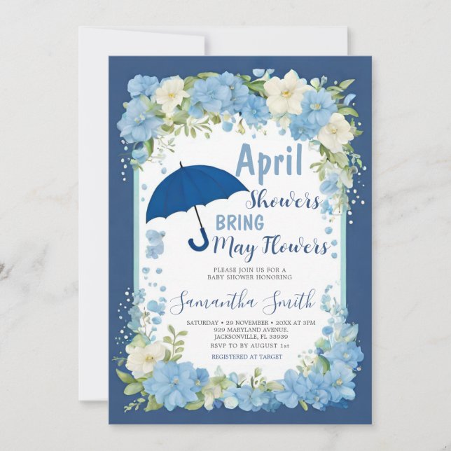 April Showers Bring May Flowers Blue Umbrella Invitation (Front)