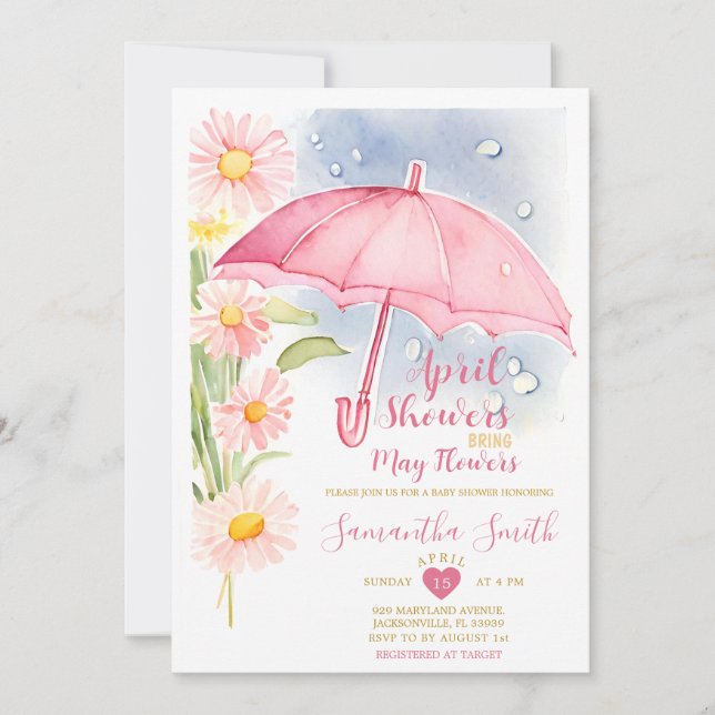 April Showers Bring May Flowers Pink Umbrella Invitation (Front)