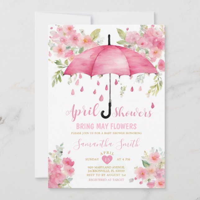 April Showers Bring May Flowers Pink Umbrella Invitation (Front)