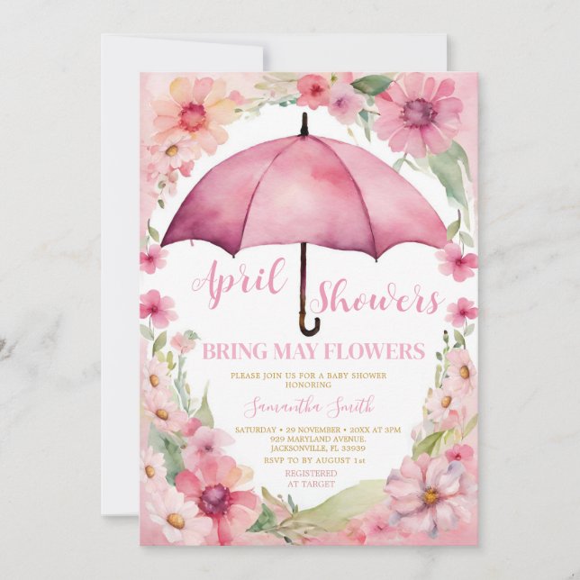 April Showers Bring May Flowers Pink Umbrella Invitation (Front)