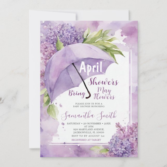April Showers Bring May Flowers Purple Umbrella Invitation (Front)