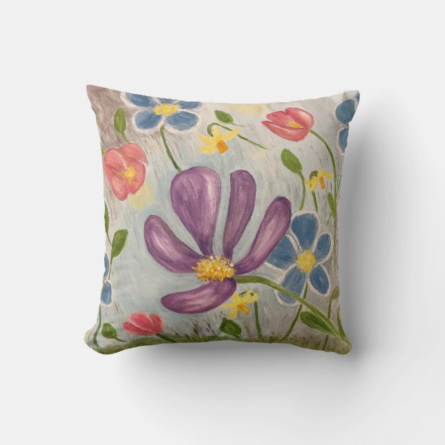 April Showers. Colourful, Abstract Floral Art Cushion (Front)