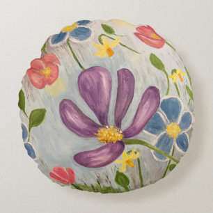 April Showers. Colourful, Abstract Floral Round Cushion