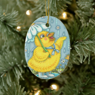 APRIL SHOWERS CUTE BABY CHICK & SPRING FLOWER CERAMIC TREE DECORATION