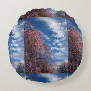April Sky with Philippians 4:4 Round Cushion