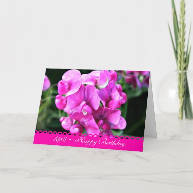 April Stunning Pink Sweet Peas Birthday Card (Front)