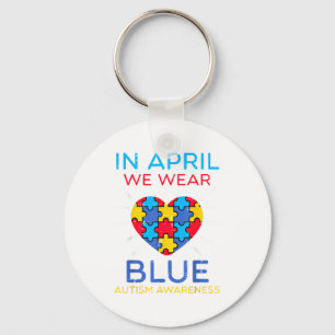 April We Wear Blue Heart Puzzle Autism Aware Men W Key Ring
