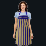 Apron Blue and Gold Stripe Happy Hanukkah<br><div class="desc">This apron is shown as is in a bold blue and gold-colour stripe print. Text of Happy Hanukkah in gold-colour at top.
Colour: blue / Gold
 Straps: blue

Customise this item or buy as is. You can choose another strap colour.




Stock Image</div>