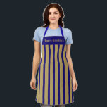 Apron Blue and Gold Stripe Happy Hanukkah<br><div class="desc">This apron is shown as is in a bold blue and gold-colour stripe print. Text of Happy Hanukkah in gold-colour at top.
Colour: blue / Gold
 Straps: blue

Customise this item or buy as is. You can choose another strap colour.




Stock Image</div>