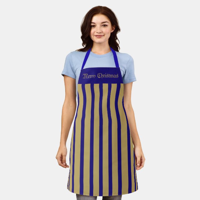 Apron Cafe Blue and Gold Stripe Merry Christmas (Worn)