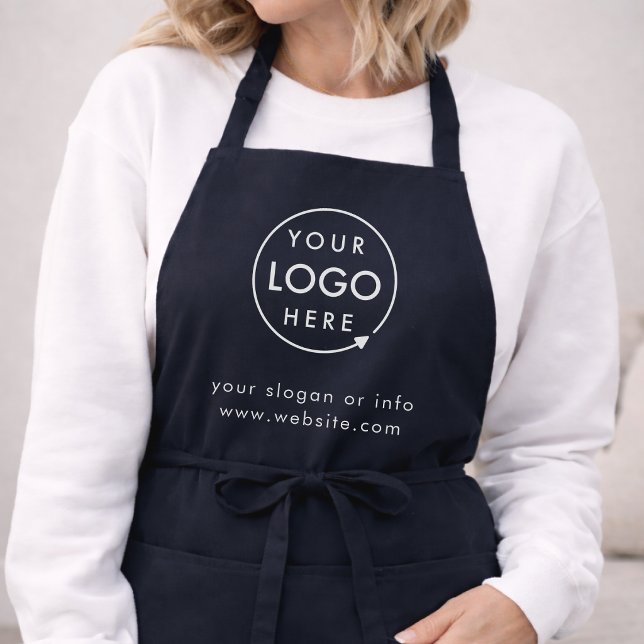 Apron Custom Logo Upload | Business Branded Aprons (Navy blue company branded aprons for your store or salon team apparel employee brand uniform.)