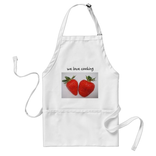 Apron two strawberries, text: "we love cooking" (Front)