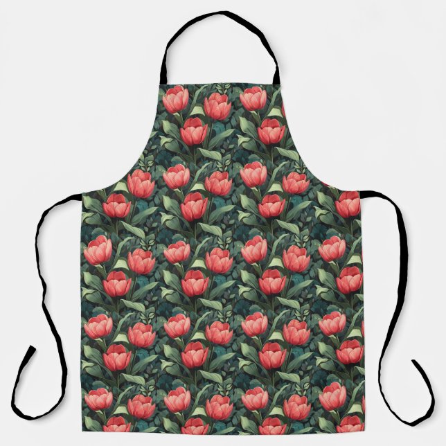 Apron with Flowers Tulips Floral Kitchen Apron (Front)
