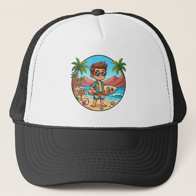 Aqaba Jordan Summer Vacation Boy Surfer Trucker Ha Hat (Front)