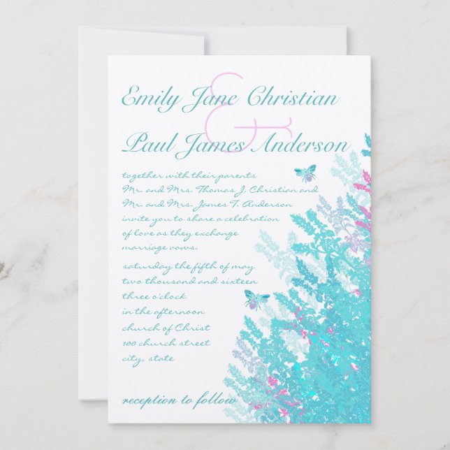 Aqau Blue & Hot Pink Wild Flowers Bees Invitation (Front)