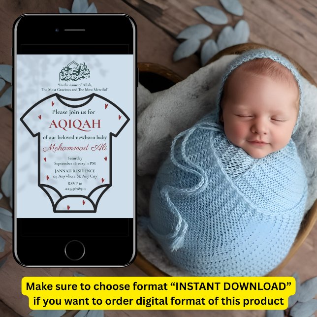 Aqiqah Blue Bodysuit Baby Boy Muslim Islamic Invitation (Creator Uploaded)