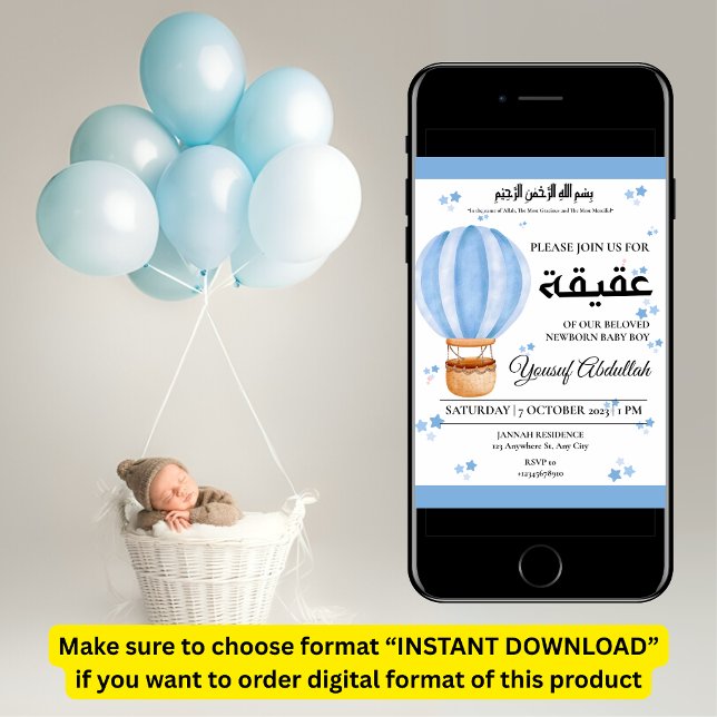Aqiqah Blue Hot Air Balloon Baby Boy Muslim Invitation (Creator Uploaded)