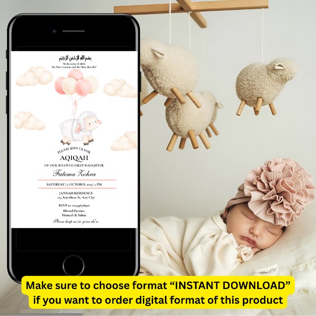 Aqiqah Cute Pink Sheep Balloon Baby Girl Muslim Invitation (Creator Uploaded)