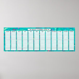 Aqua Abstract Perpetual Birthday Calendar Poster